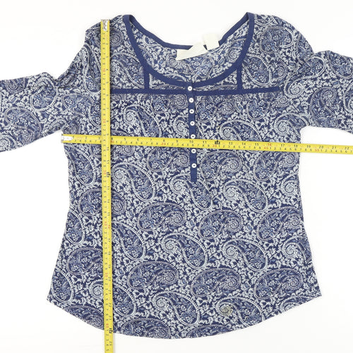 H&M Women’s Blue Paisley 3/4 Sleeve Tunic Blouse Size L Cotton