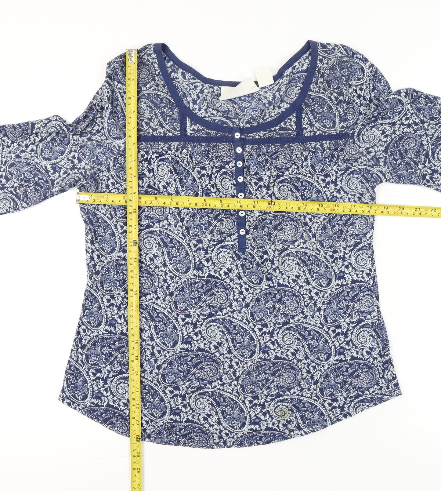 H&M Women’s Blue Paisley 3/4 Sleeve Tunic Blouse Size L Cotton