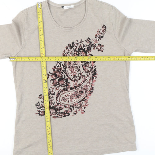 VIZ-A-VIZ Womens Beige 3/4 Sleeve Floral Paisley T-Shirt Size 12