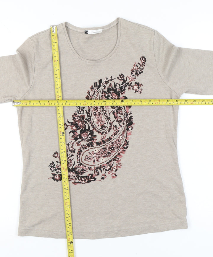 VIZ-A-VIZ Womens Beige 3/4 Sleeve Floral Paisley T-Shirt Size 12