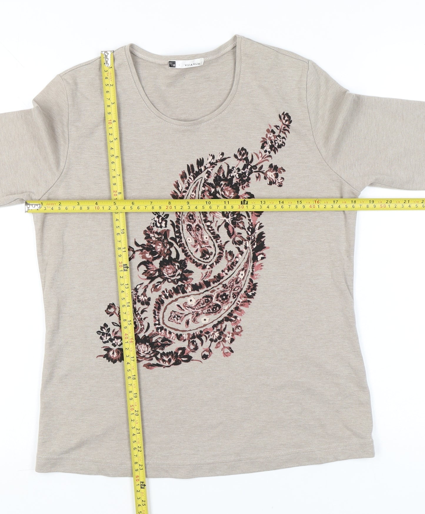 VIZ-A-VIZ Womens Beige 3/4 Sleeve Floral Paisley T-Shirt Size 12