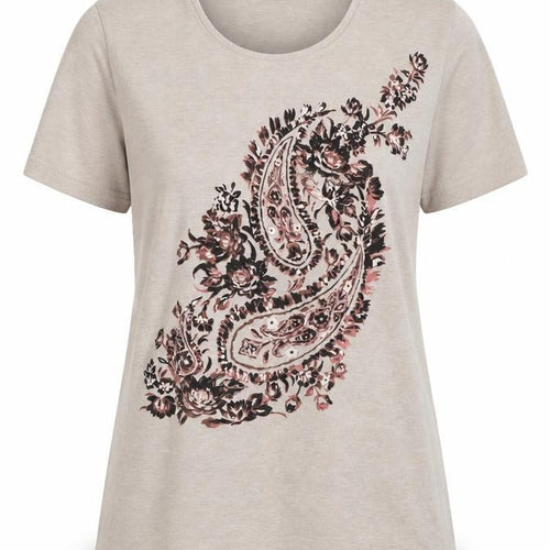 VIZ-A-VIZ Womens Beige 3/4 Sleeve Floral Paisley T-Shirt Size 12