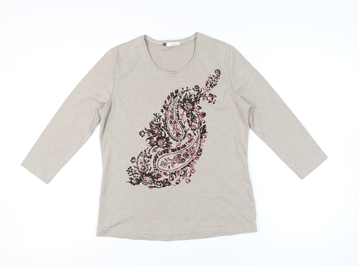 VIZ-A-VIZ Womens Beige 3/4 Sleeve Floral Paisley T-Shirt Size 12