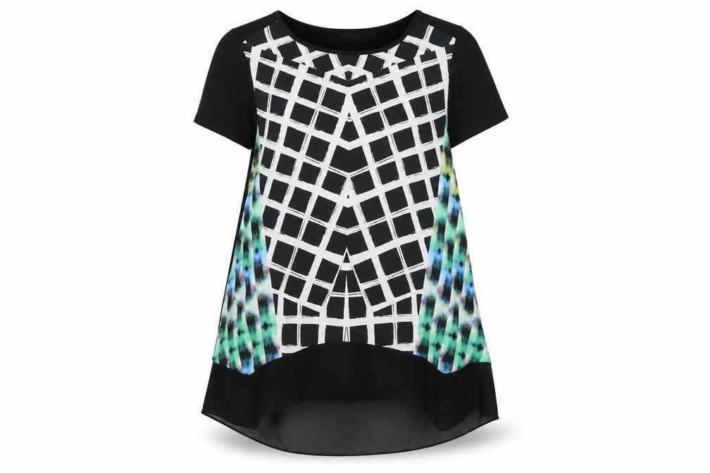 Front view of Ikiler women’s black multicoloured tunic blouse, size UK 12, short sleeve