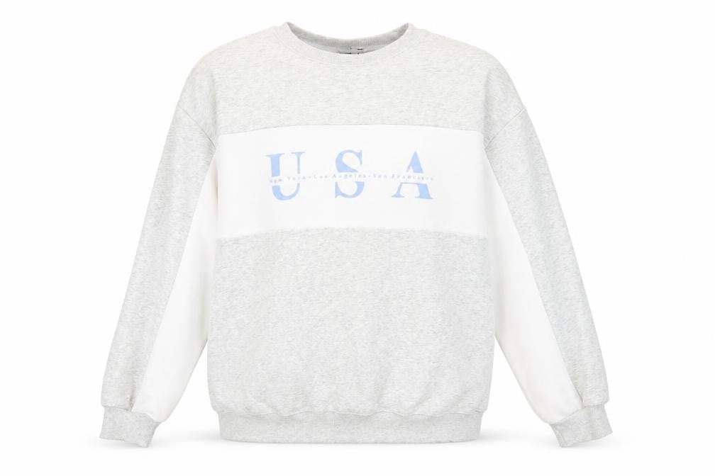 Front view of H&M Divided women’s grey white usa print sweatshirt xs