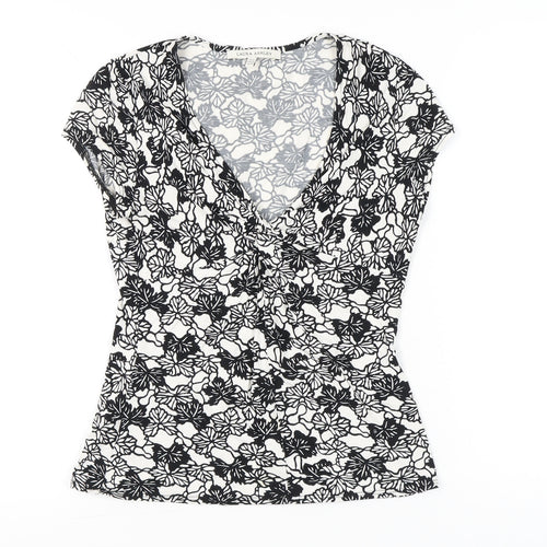 Laura Ashley Womens Black White Floral Blouse UK 12 Short Sleeve V-Neck Wrap