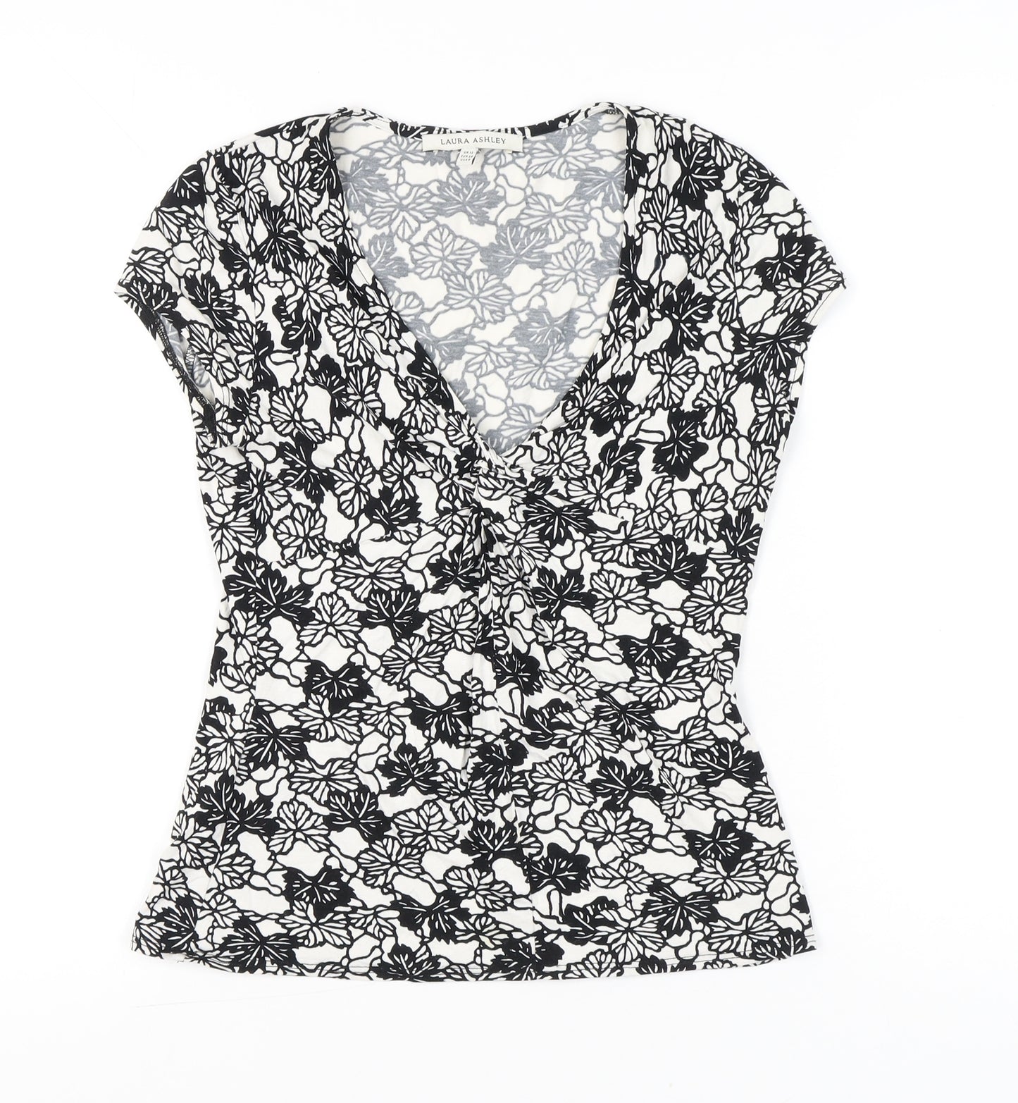Laura Ashley Womens Black White Floral Blouse UK 12 Short Sleeve V-Neck Wrap