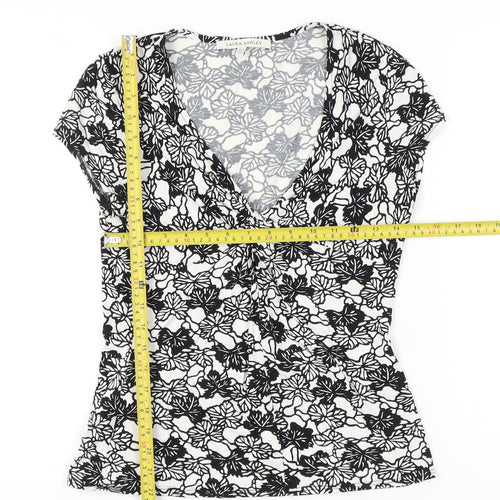 Laura Ashley Womens Black White Floral Blouse UK 12 Short Sleeve V-Neck Wrap