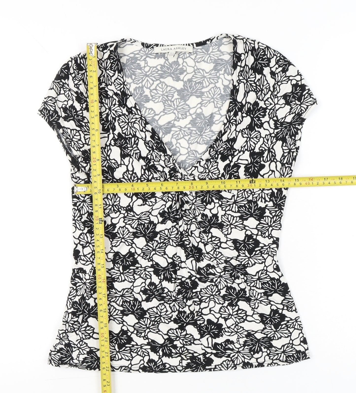 Laura Ashley Womens Black White Floral Blouse UK 12 Short Sleeve V-Neck Wrap