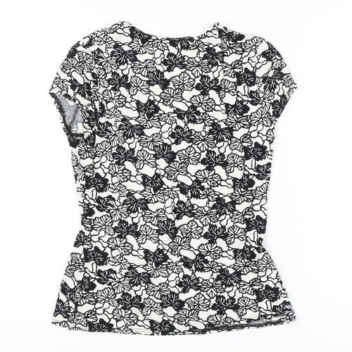 Laura Ashley Womens Black White Floral Blouse UK 12 Short Sleeve V-Neck Wrap