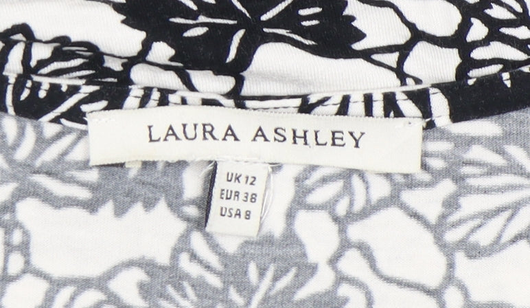 Laura Ashley Womens Black White Floral Blouse UK 12 Short Sleeve V-Neck Wrap