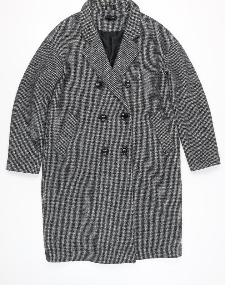 New Look Women’s Grey Herringbone Wool Blend Long Overcoat Size 12