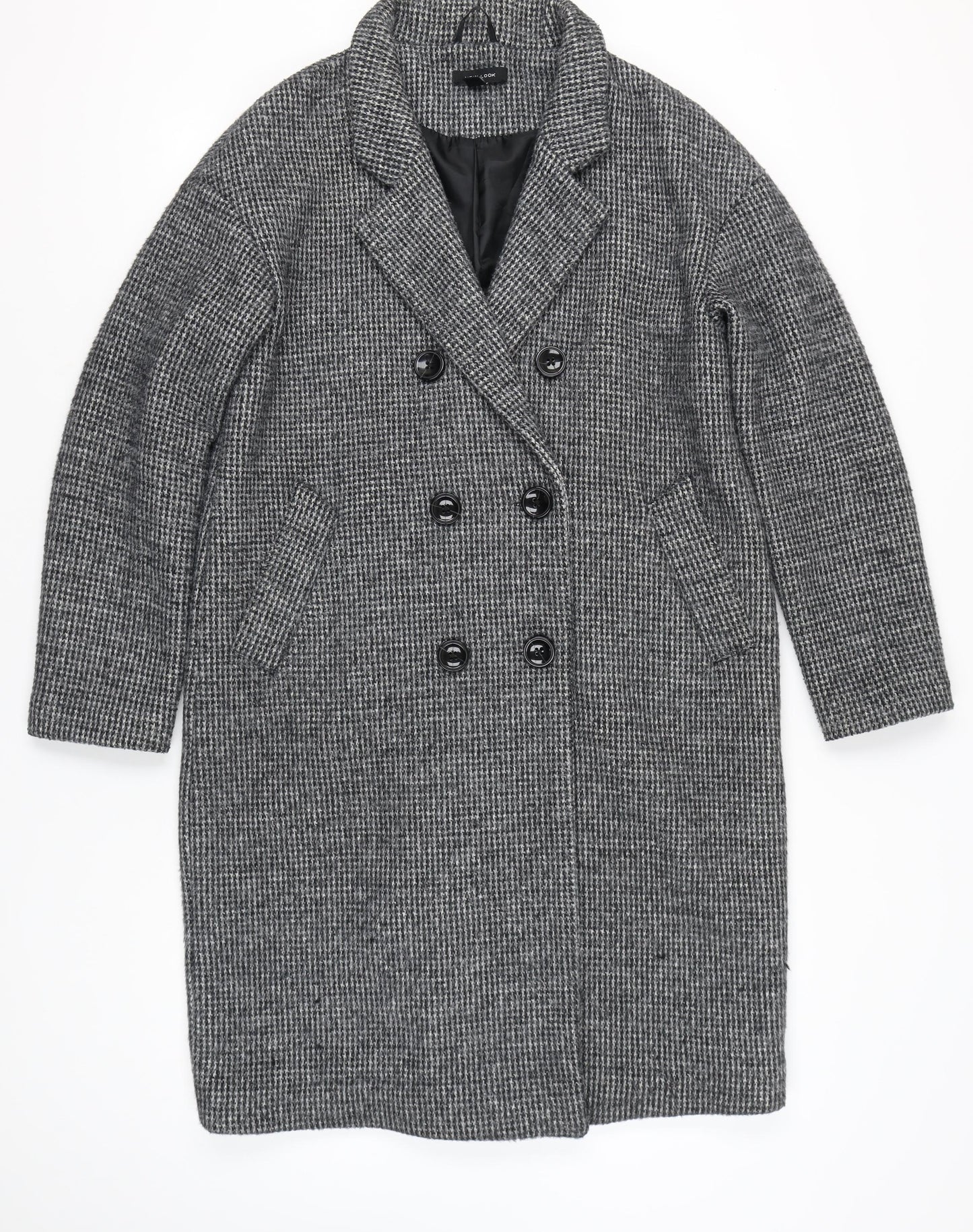 New Look Women’s Grey Herringbone Wool Blend Long Overcoat Size 12
