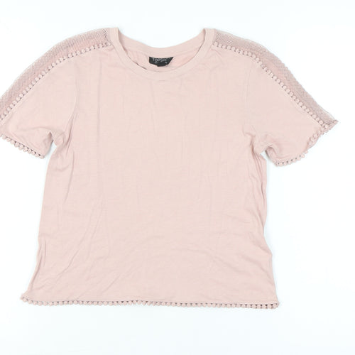 Topshop Women Pink Size 6 Short Sleeve Crochet Trim T-Shirt