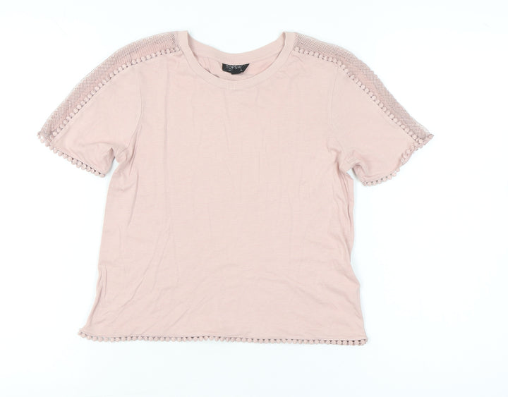 Topshop Women Pink Size 6 Short Sleeve Crochet Trim T-Shirt