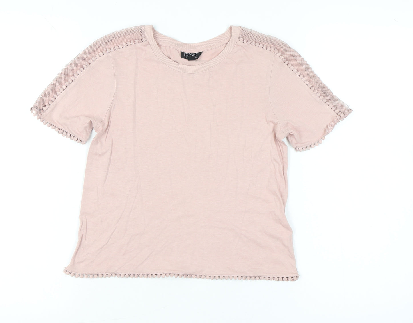 Topshop Women Pink Size 6 Short Sleeve Crochet Trim T-Shirt