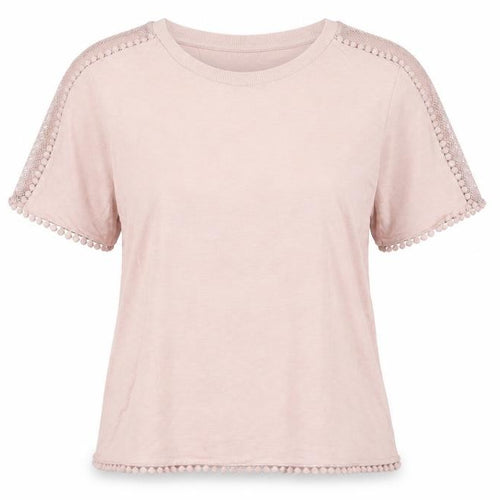 Topshop Women Pink Size 6 Short Sleeve Crochet Trim T-Shirt