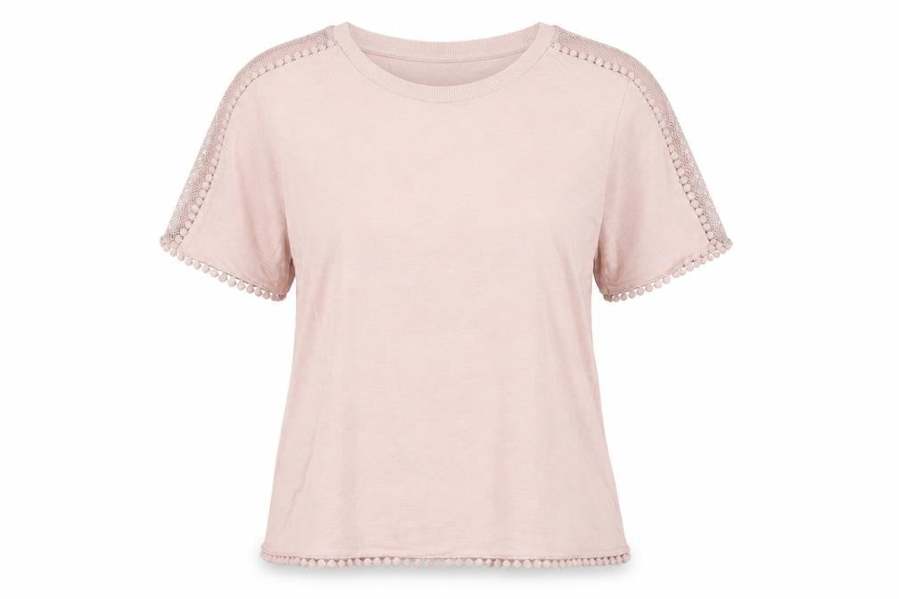 Topshop Women Pink Size 6 Short Sleeve Crochet Trim T-Shirt