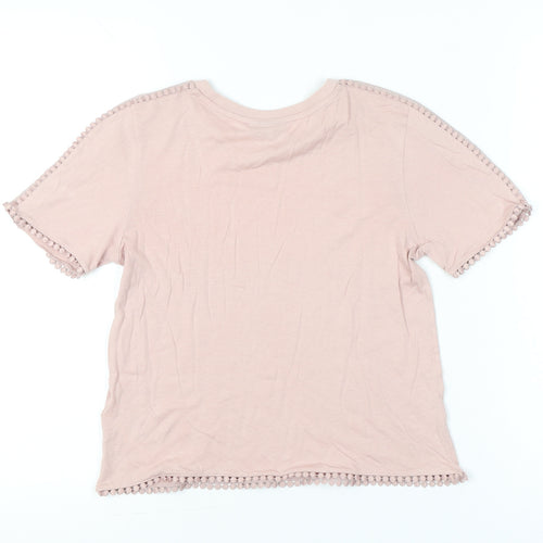 Topshop Women Pink Size 6 Short Sleeve Crochet Trim T-Shirt