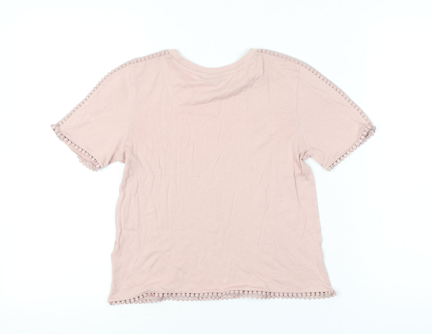Topshop Women Pink Size 6 Short Sleeve Crochet Trim T-Shirt