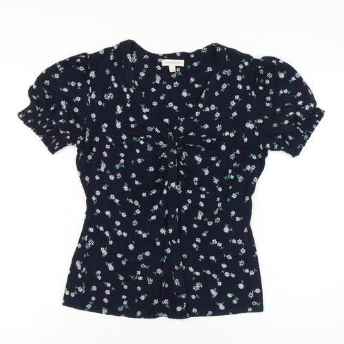Monsoon Womens Blue Floral V-Neck Puff Sleeve Blouse Size M