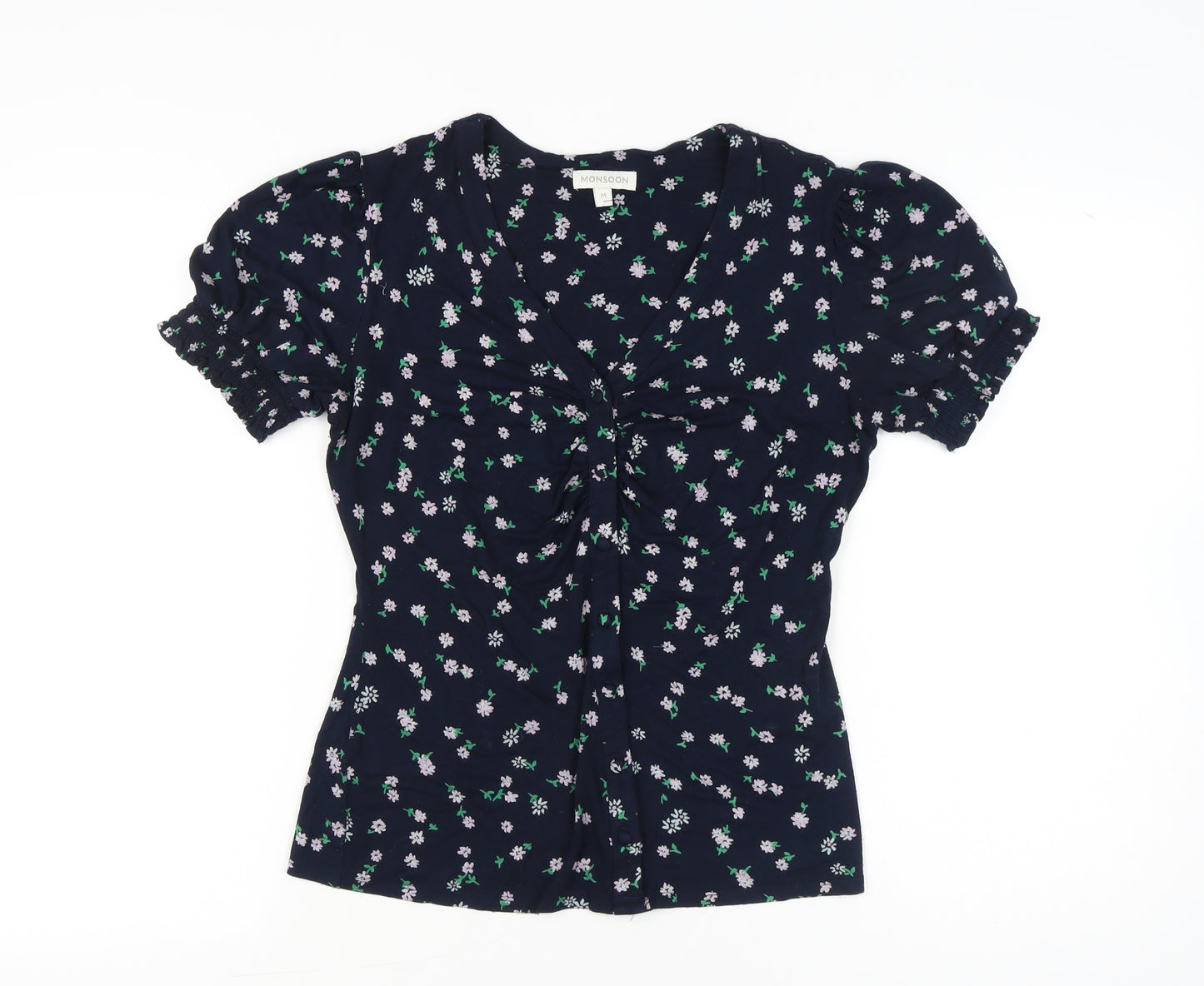 Monsoon Womens Blue Floral V-Neck Puff Sleeve Blouse Size M