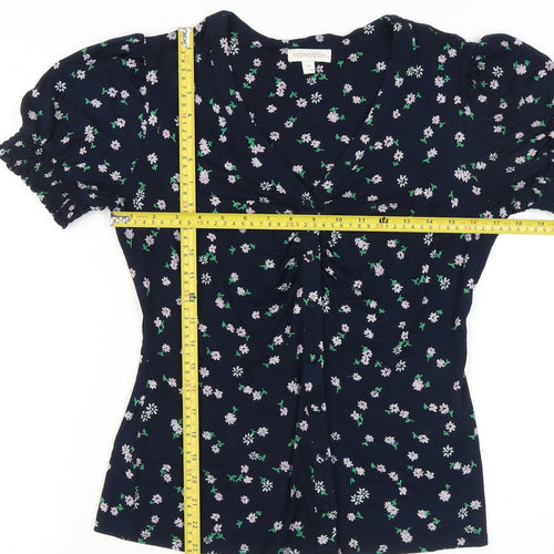 Monsoon Womens Blue Floral V-Neck Puff Sleeve Blouse Size M