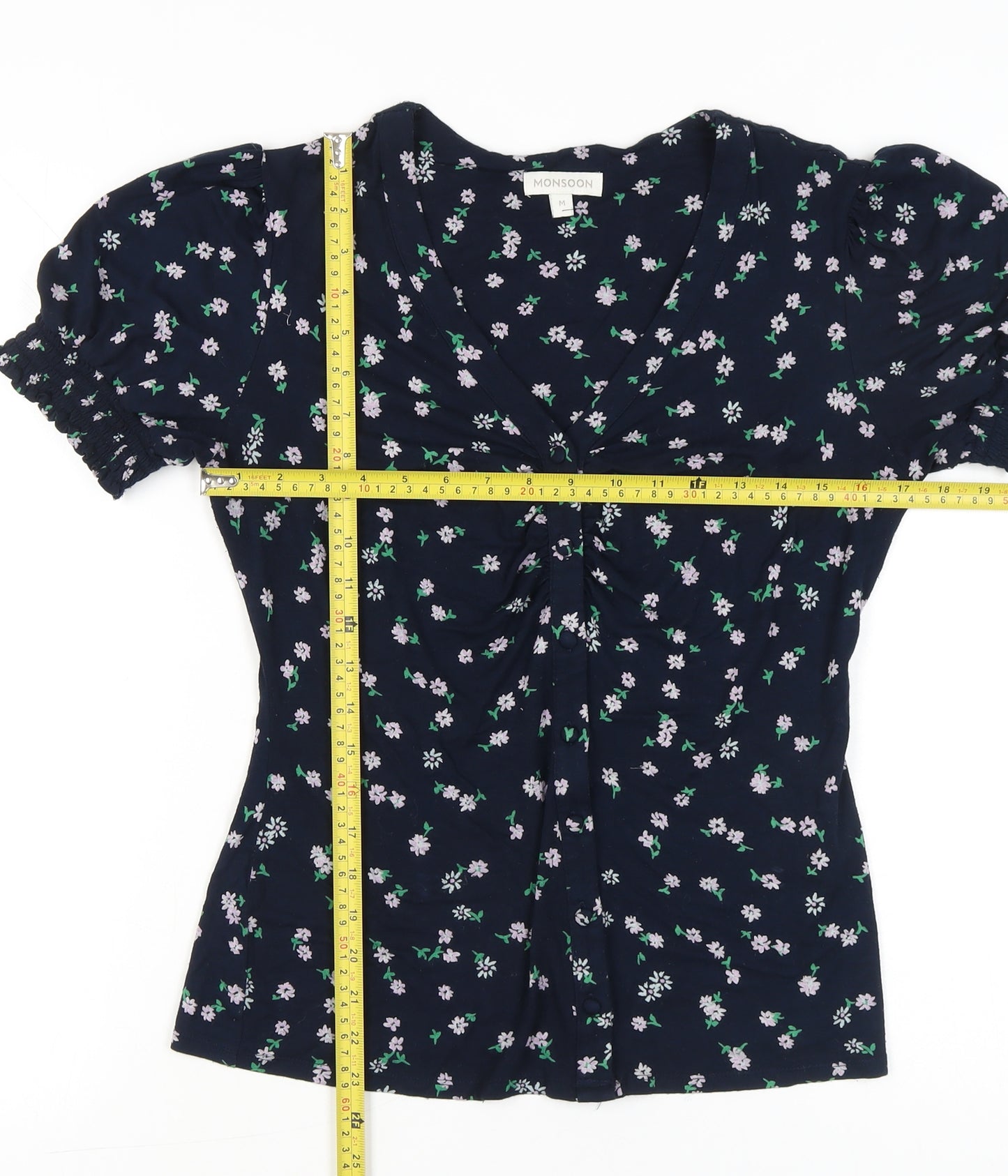 Monsoon Womens Blue Floral V-Neck Puff Sleeve Blouse Size M