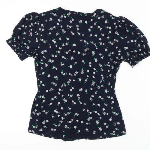 Monsoon Womens Blue Floral V-Neck Puff Sleeve Blouse Size M