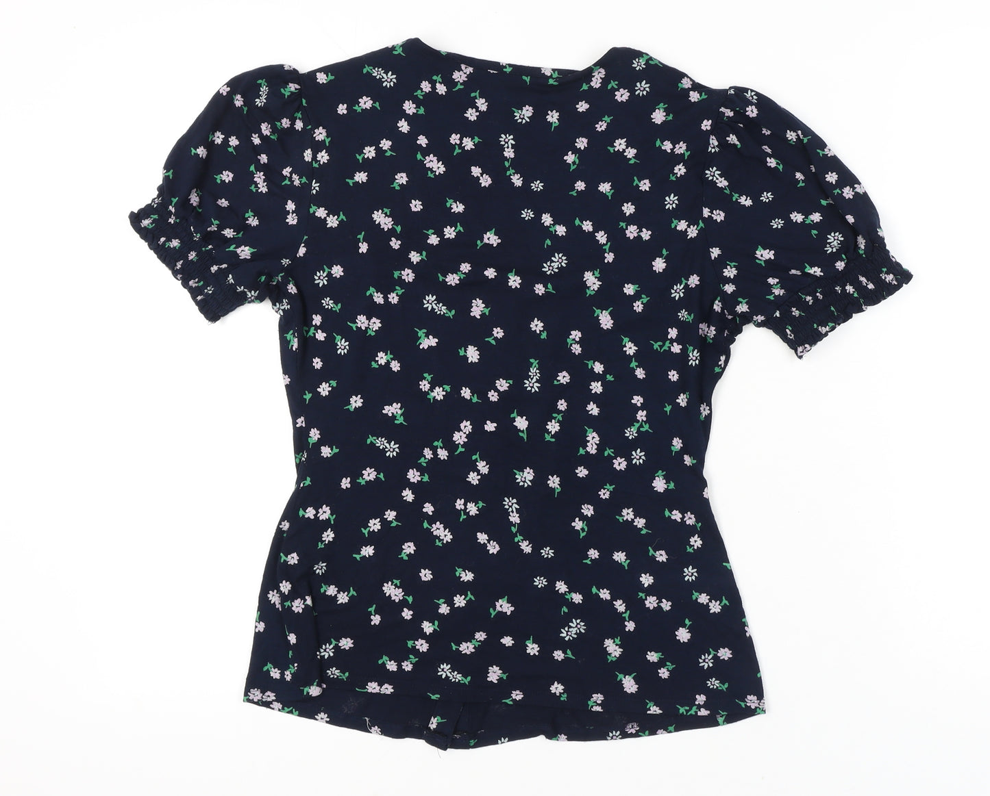 Monsoon Womens Blue Floral V-Neck Puff Sleeve Blouse Size M