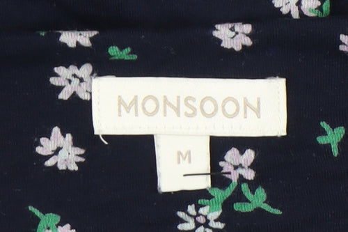 Monsoon Womens Blue Floral V-Neck Puff Sleeve Blouse Size M