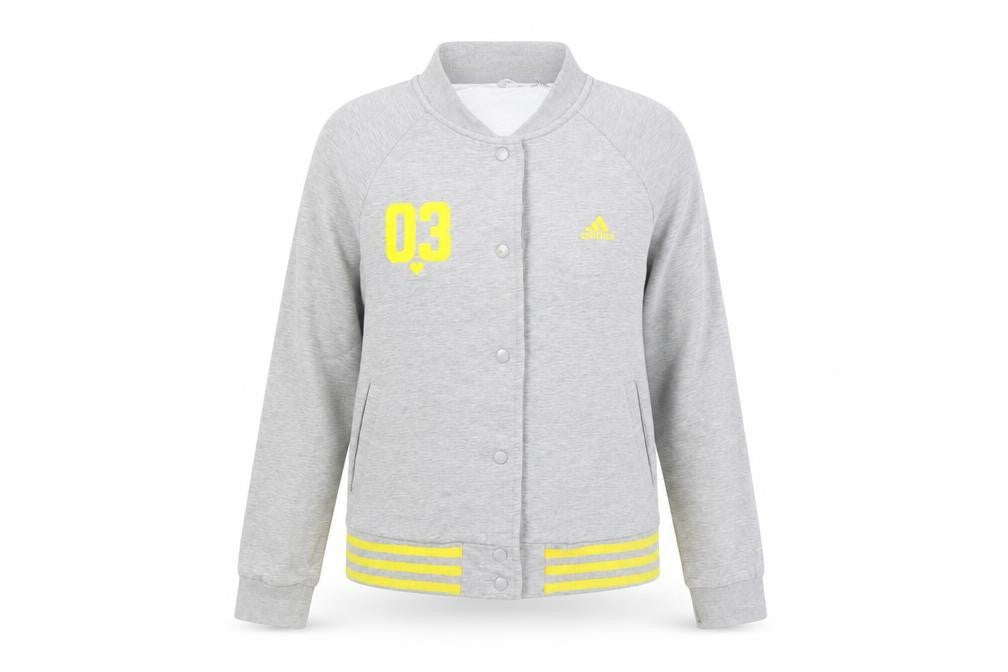 Front view of Adidas Women Grey Varsity Jacket UK 12 Cotton Blend Snap