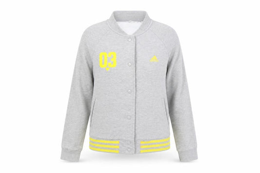 Front view of Adidas Women Grey Varsity Jacket UK 12 Cotton Blend Snap