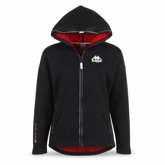 Front view of Kappa women’s black full zip hoodie sweatshirt, size M, logo graphic