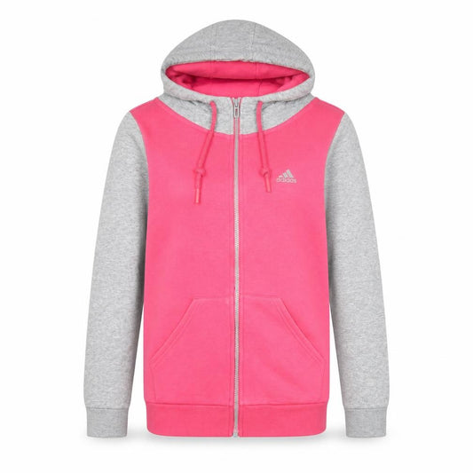 Front view of Adidas women’s pink grey full zip hoodie, size UK 8, uk cotton blend