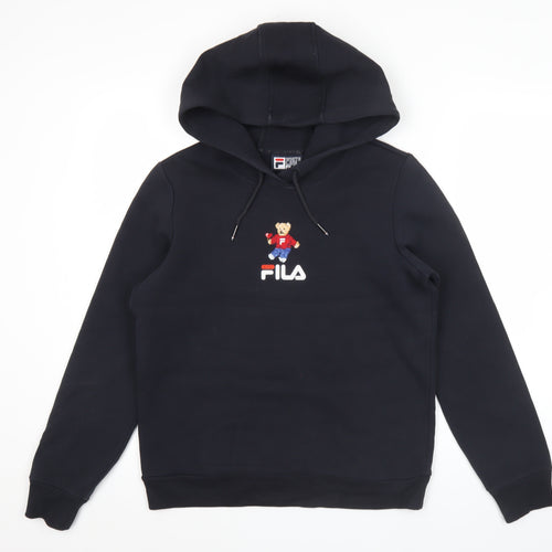 FILA Womens Black Hoodie UK 10 Bear Logo Pullover Cotton Blend