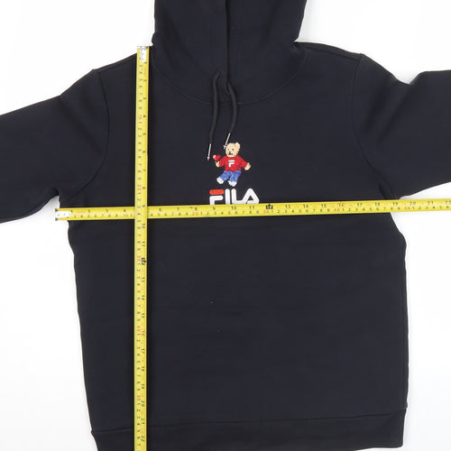 FILA Womens Black Hoodie UK 10 Bear Logo Pullover Cotton Blend