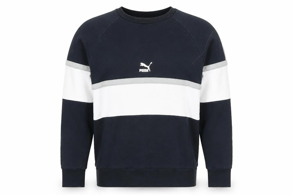Front view of Puma men’s small black white crew neck pullover sweatshirt
