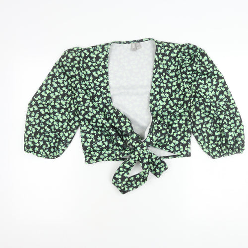 ASOS Women’s Black Floral Puff Sleeve Cropped Tie Blouse UK 8