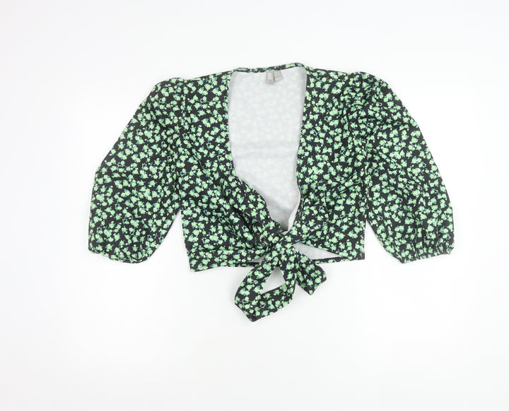 ASOS Women’s Black Floral Puff Sleeve Cropped Tie Blouse UK 8