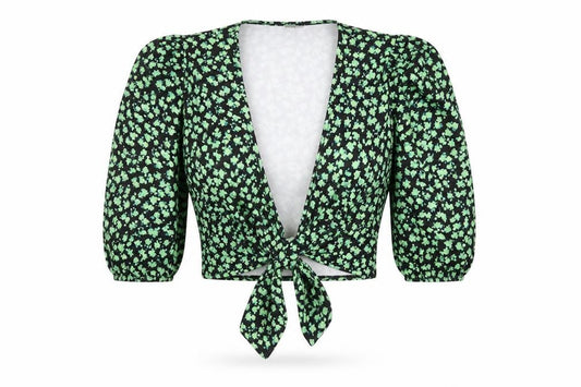 Front view of ASOS Women’s Black Floral Puff Sleeve Cropped Tie Blouse UK 8