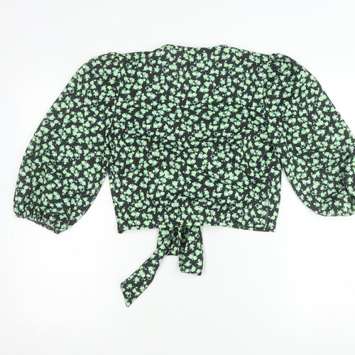 ASOS Women’s Black Floral Puff Sleeve Cropped Tie Blouse UK 8