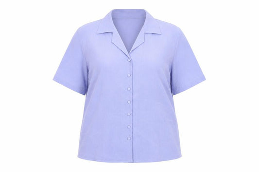 Front view of Bekerex women’s purple short sleeve button up shirt l