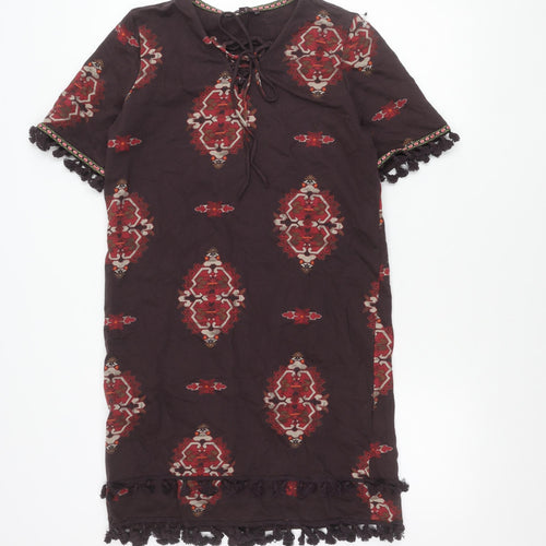Next Womens Brown Boho Shift Dress Size 12 Cotton Tassel V-Neck