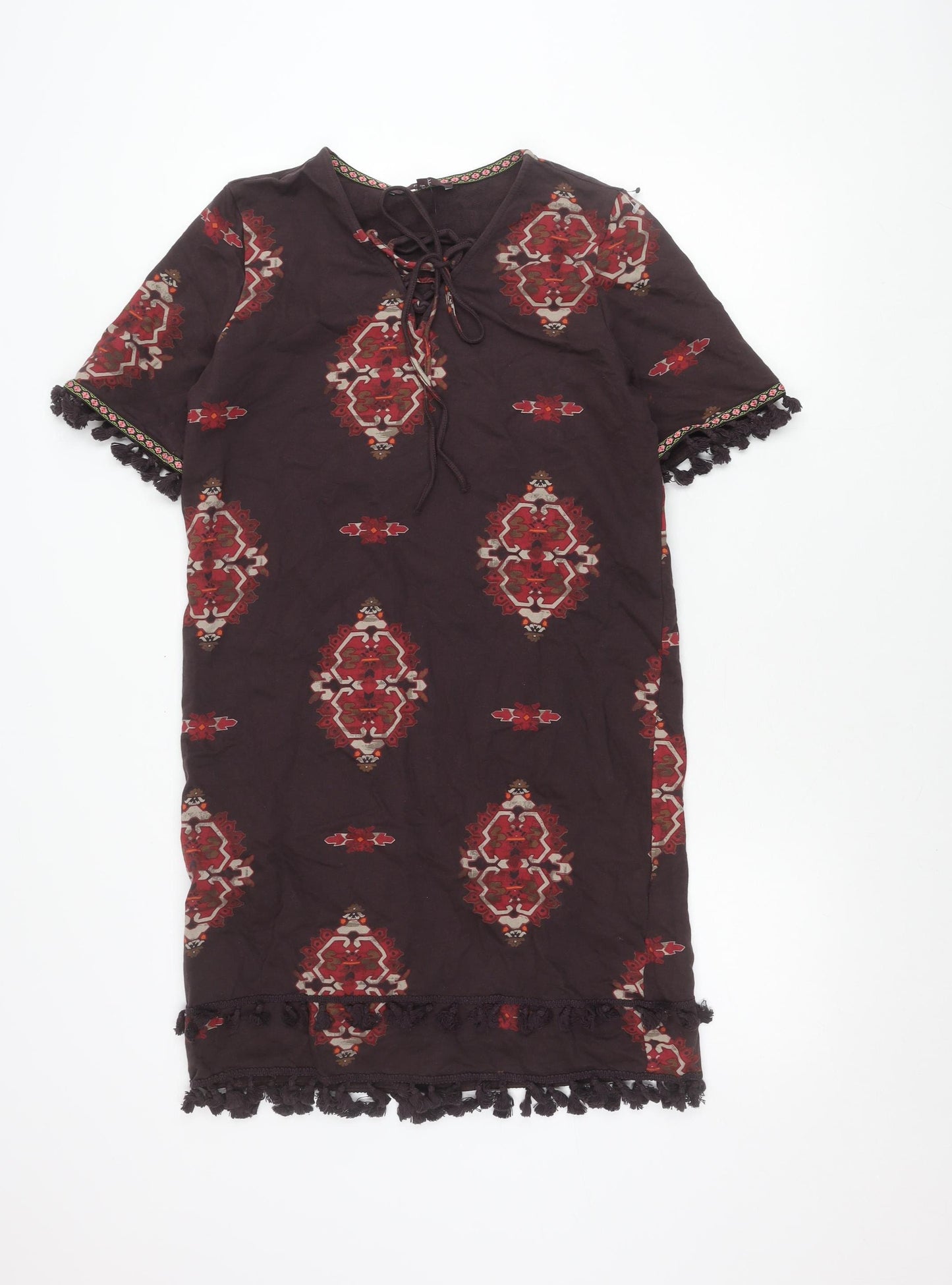 Next Womens Brown Boho Shift Dress Size 12 Cotton Tassel V-Neck