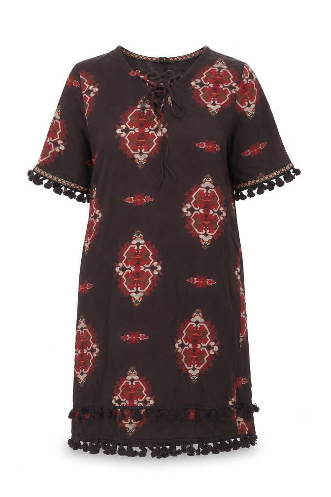 Front view of Next women’s brown boho shift dress, size UK 12, cotton tassel v-neck
