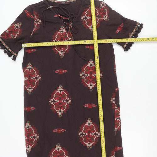 Next Womens Brown Boho Shift Dress Size 12 Cotton Tassel V-Neck