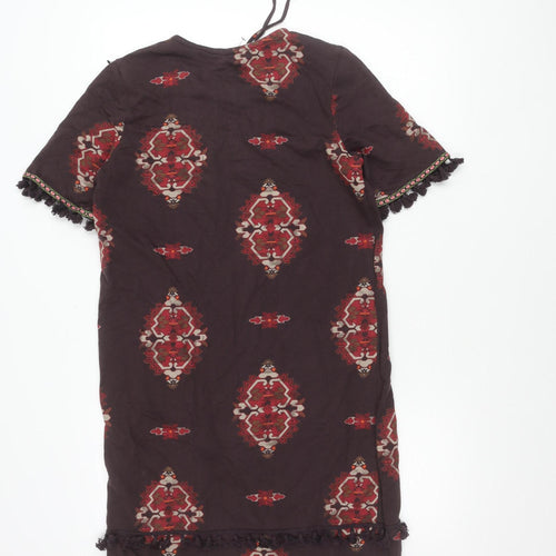 Next Womens Brown Boho Shift Dress Size 12 Cotton Tassel V-Neck