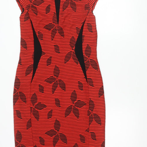 Roman Women Red Black Floral Striped Bodycon Dress Size 10