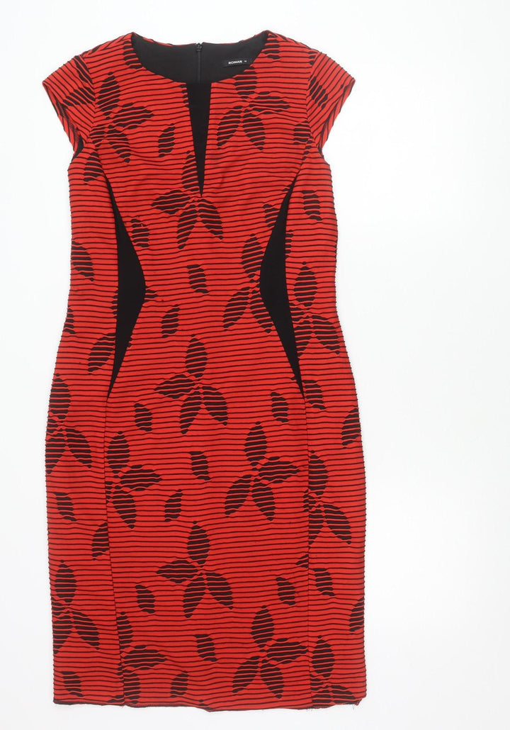 Roman Women Red Black Floral Striped Bodycon Dress Size 10